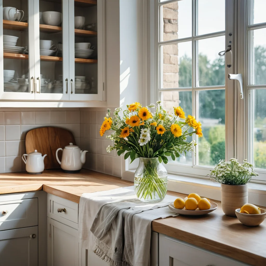 Светлая солнечная кухня со свежими цветами, открытым окном и легкими тканями, создающая ощущение воздушности и летней свежести.