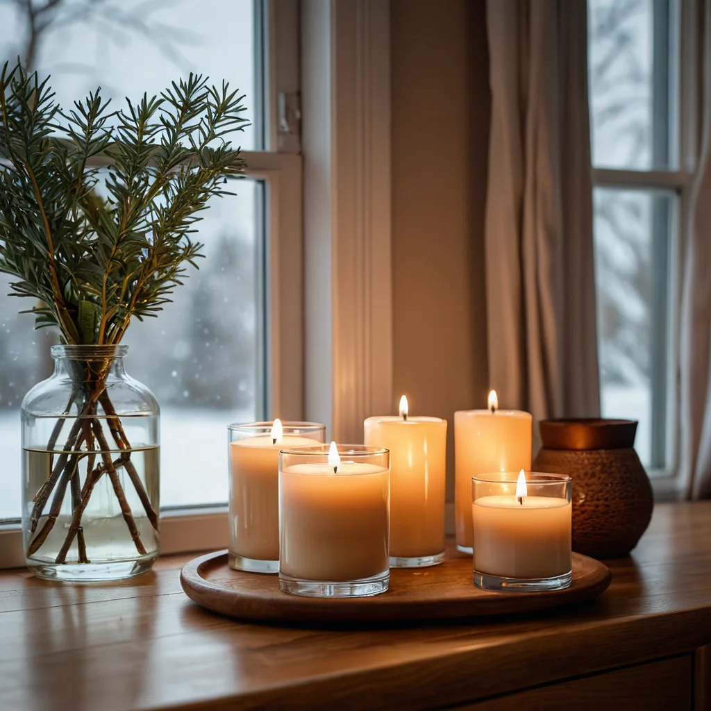 Пример атмосферного освещения: мягкое свечение свечей и диффузор с эфирными маслами, передающие зимний и летний ароматы и создающие сезонную атмосферу.