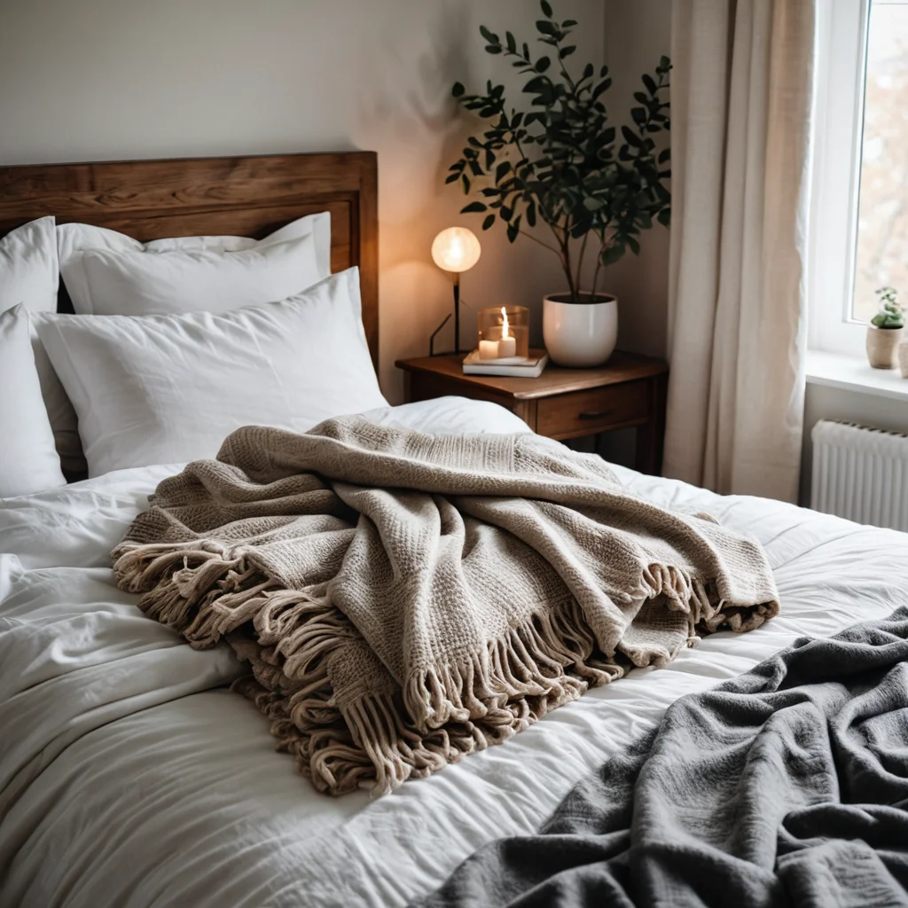 Контраст текстиля в интерьере: мягкое шерстяное одеяло для зимы и хрустящее льняное постельное белье для лета, создающие комфорт в разные сезоны.
