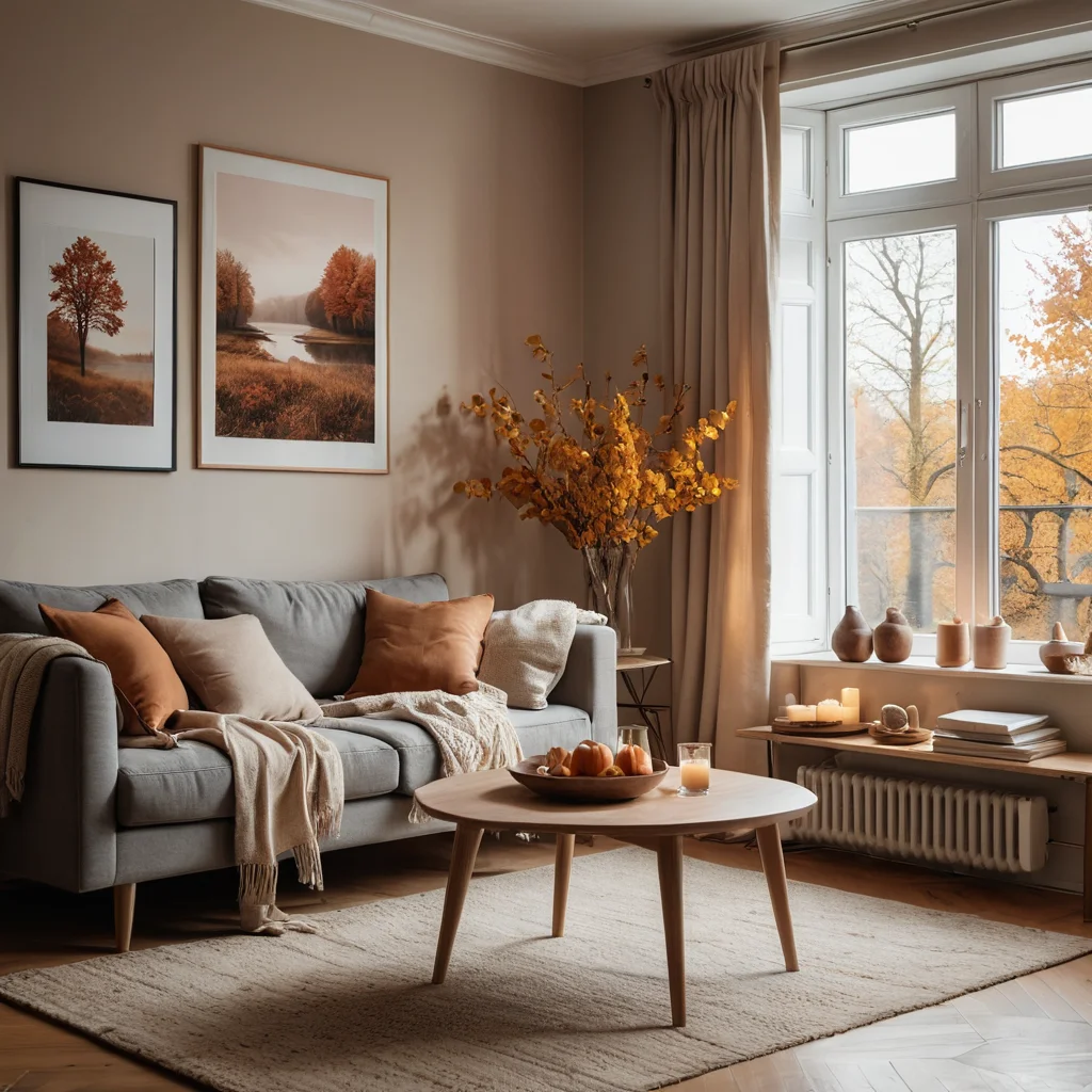 Уютная гостиная с мягким естественным освещением, приглушенными цветами и осенними акцентами, создающая ощущение психологического комфорта и гармонии.