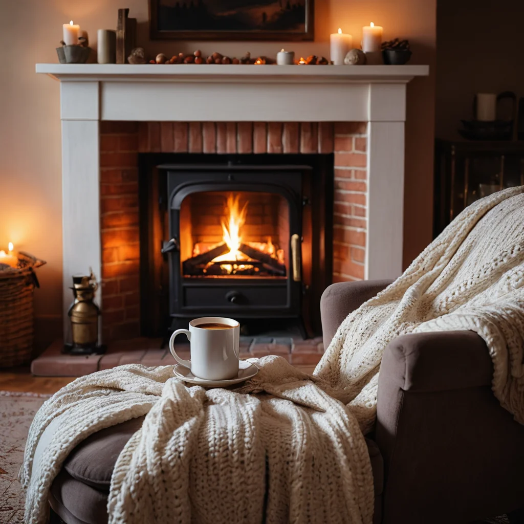 Теплый камин с тлеющими углями, уютное кресло, толстое одеяло и дымящаяся кружка, создающие атмосферу хюгге зимним вечером.