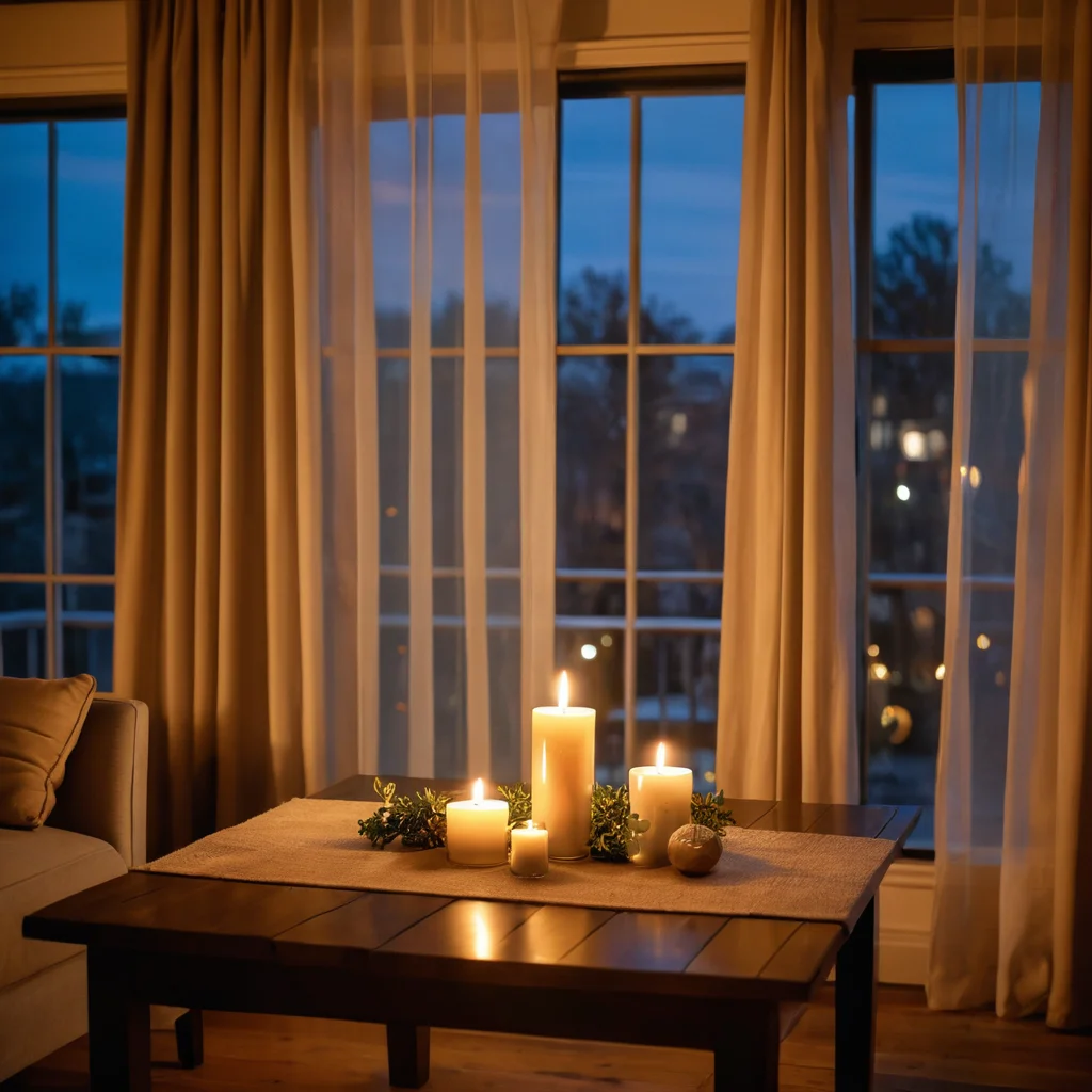 Теплый свет от свечей и лампы, проникающий через легкие шторы в вечернее время, создающий интимное настроение и уют для вечера воспоминаний.