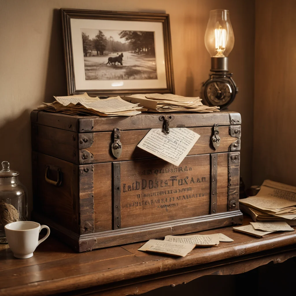Старинный деревянный сундук, наполненный пожелтевшими письмами и старыми фотографиями, символизирующий ядро вечера воспоминаний и рассказывающий истории прошлого.