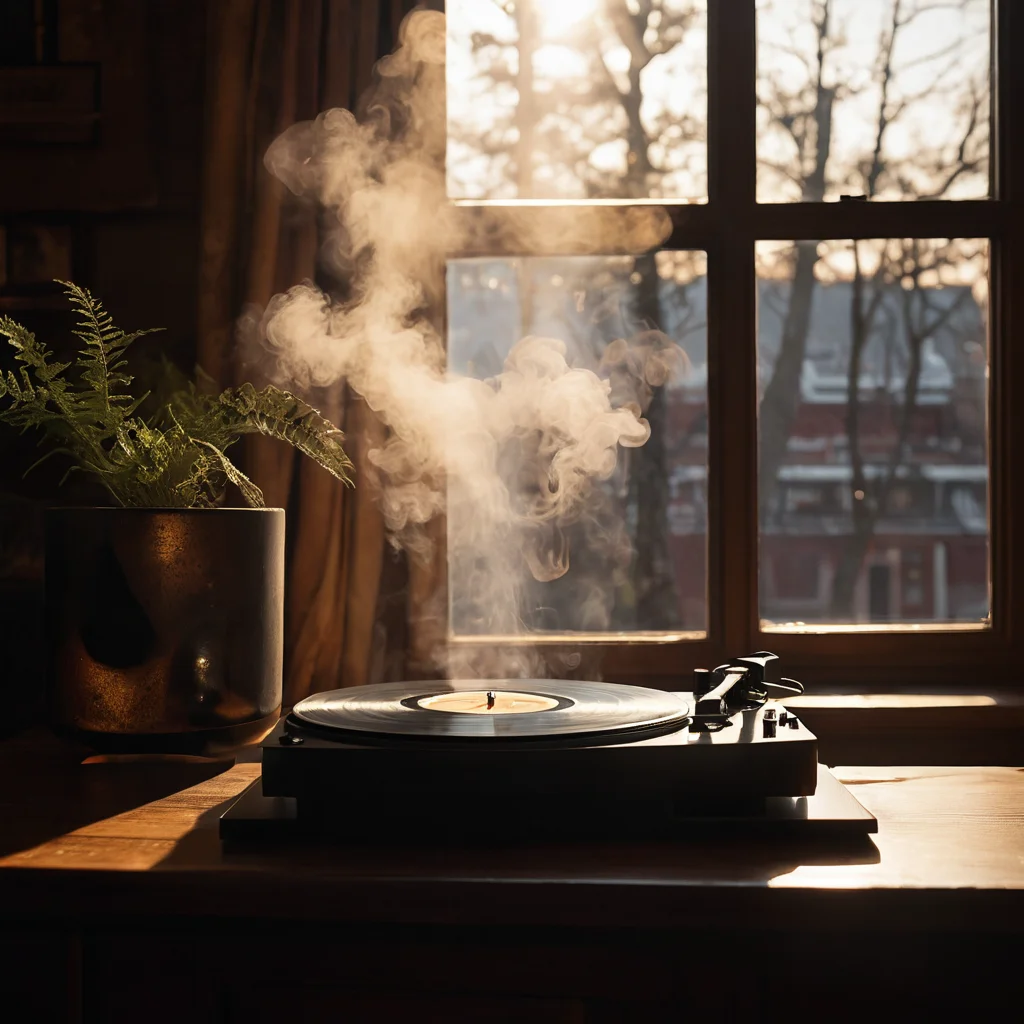 Приглушенная комната с винтажным проигрывателем и едва заметным дымком благовоний, передающая атмосферу музыки и ароматов как невидимых проводников в мир воспоминаний.