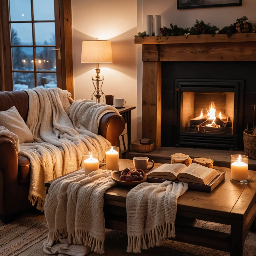 Уютная гостиная с мягким, рассеянным светом от камина, где на диване лежат старые фотоальбомы, создавая атмосферу тепла и ностальгии для вечера воспоминаний.