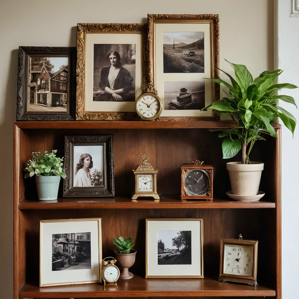 Уютный уголок воспоминаний на деревянной полке, украшенный старинными фотографиями в рамках, личными сувенирами и антикварными предметами, рассказывающими истории.