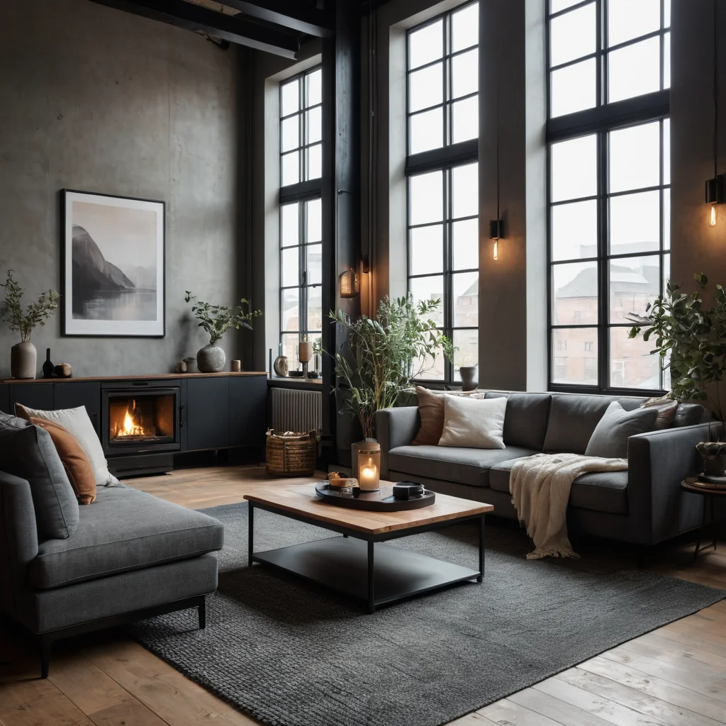 Современный интерьер в стиле лофт, выполненный в монохромной цветовой палитре с серыми и черными тонами, дополненный теплыми древесными акцентами для создания уюта.