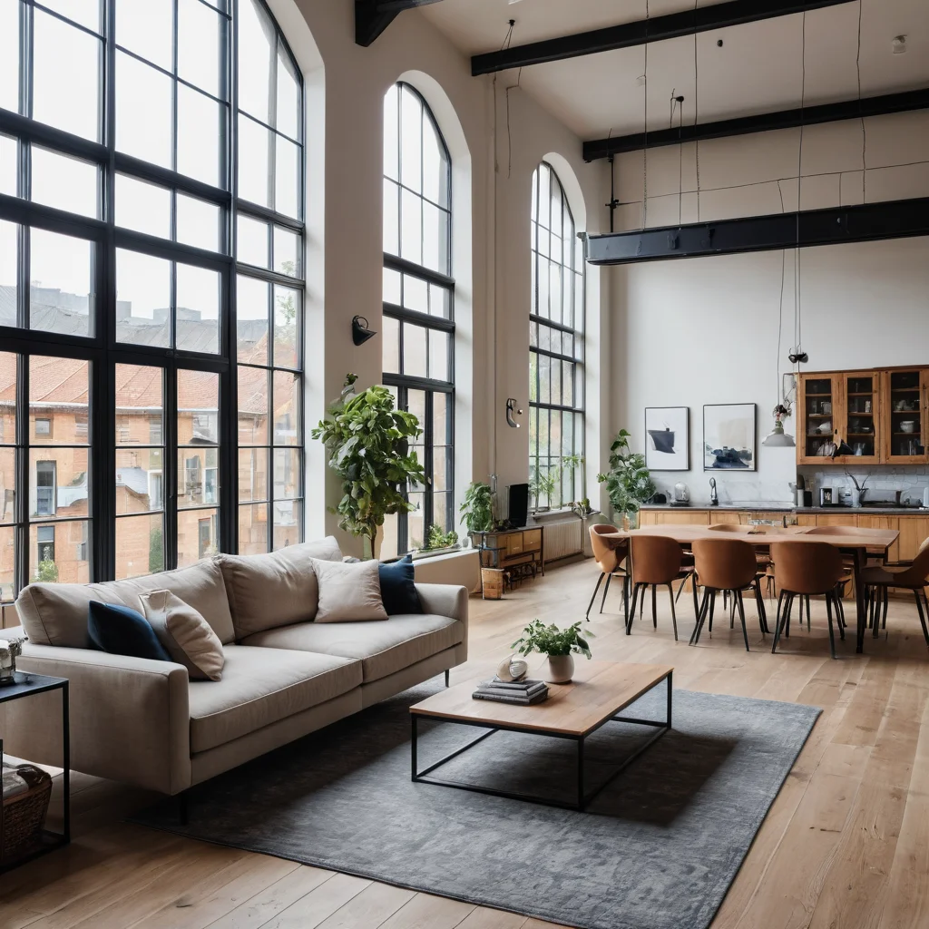 Просторная гостиная зона в стиле лофт с высокими потолками, большими окнами, наполненная естественным светом, демонстрирующая ощущение открытости.