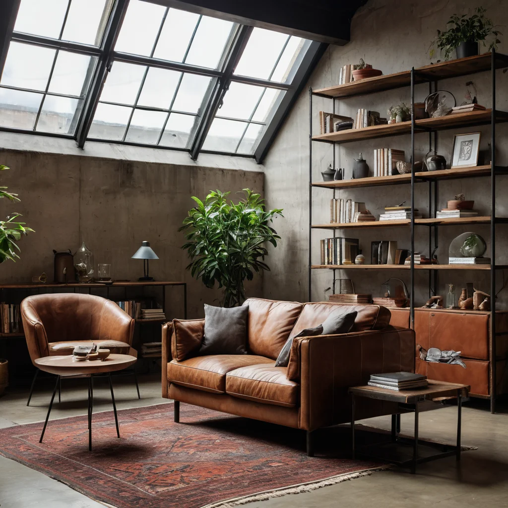 Уютная гостиная в стиле лофт с современной мебелью: кожаный диван, металлические стеллажи, винтажное кресло, отражающие дух индустриального дизайна.