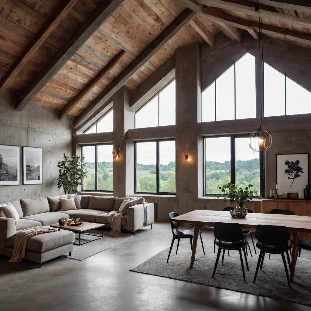 Атмосферный интерьер в стиле лофт с минималистичной мебелью, бетонными стенами и открытыми балками, создающий ощущение простора и уюта.