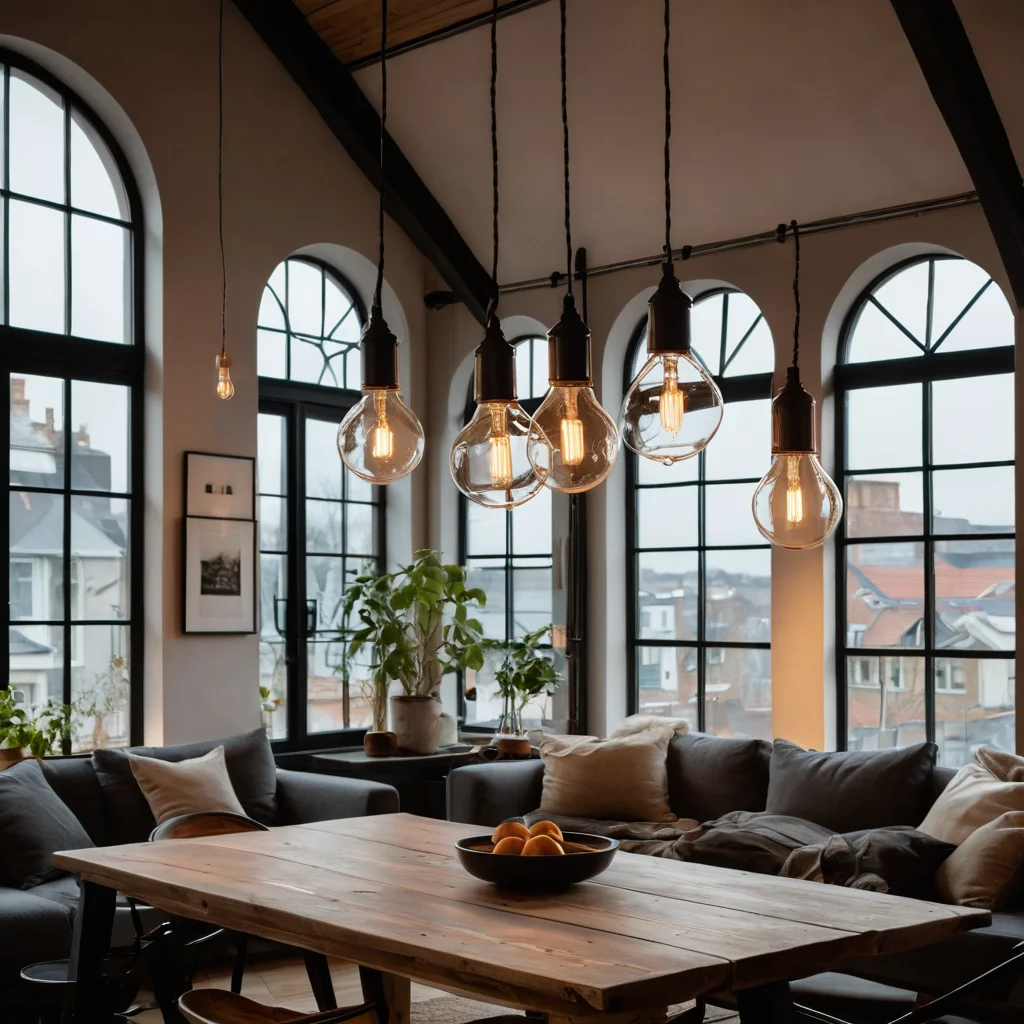 Индустриальное освещение в лофте: подвесные светильники с лампами Эдисона и открытой проводкой, создающие мягкий, уютный свет в современном пространстве.