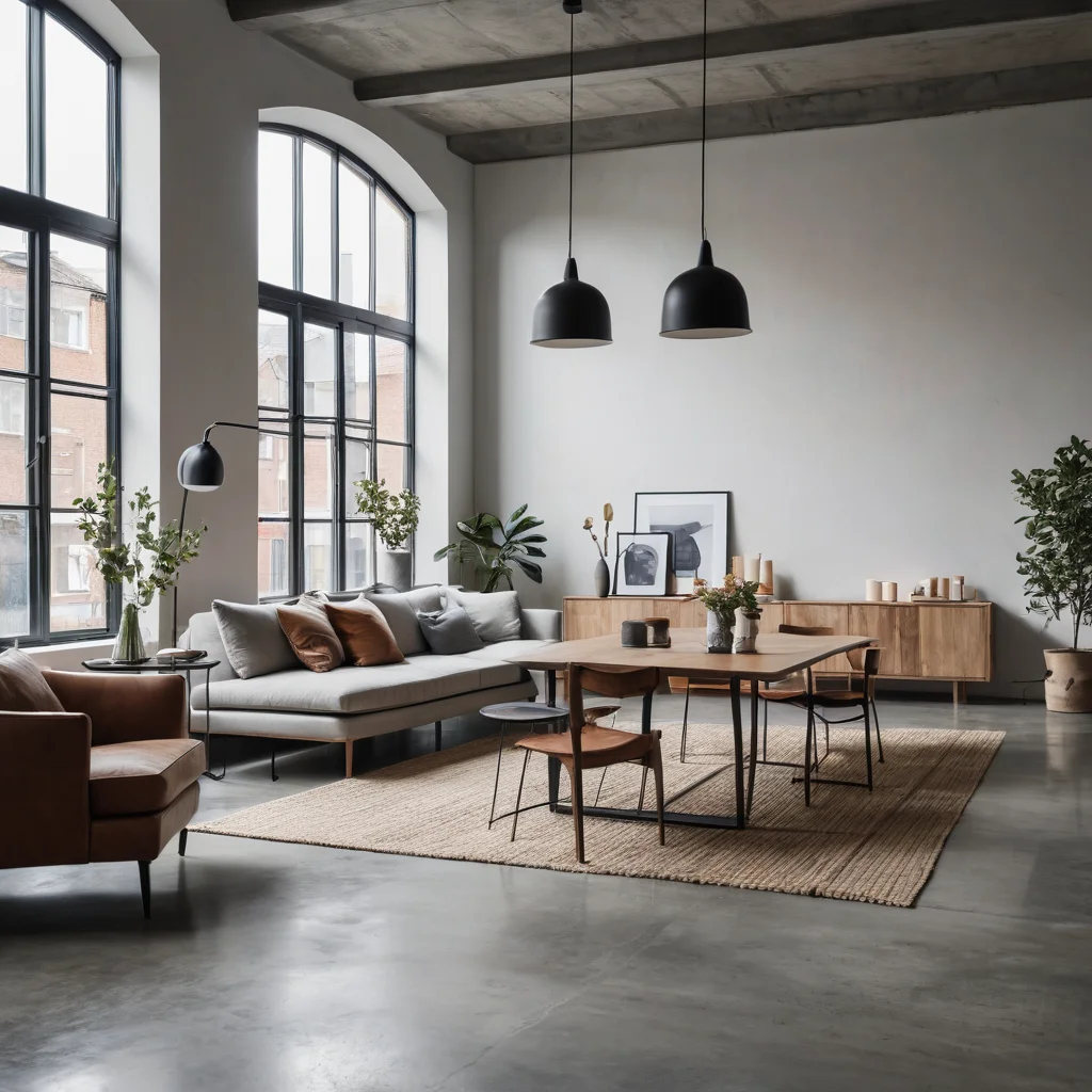 Минималистичный интерьер лофта без кирпичных стен, демонстрирующий чистые линии, отсутствие беспорядка и индустриальные акценты в спокойной цветовой гамме.