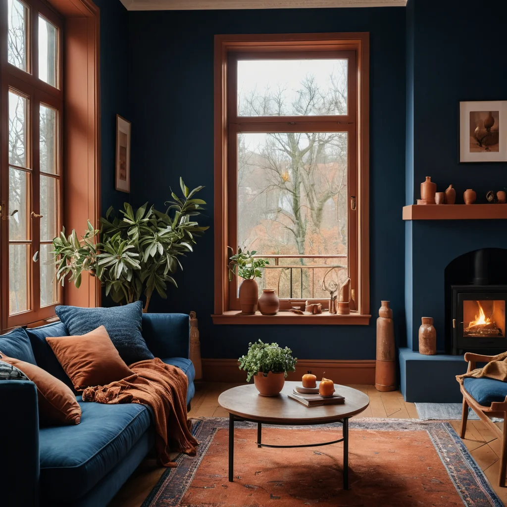 Жилое пространство, оформленное в теплой цветовой палитре с терракотовыми и глубокими синими оттенками, создающее ощущение объятий и уют.