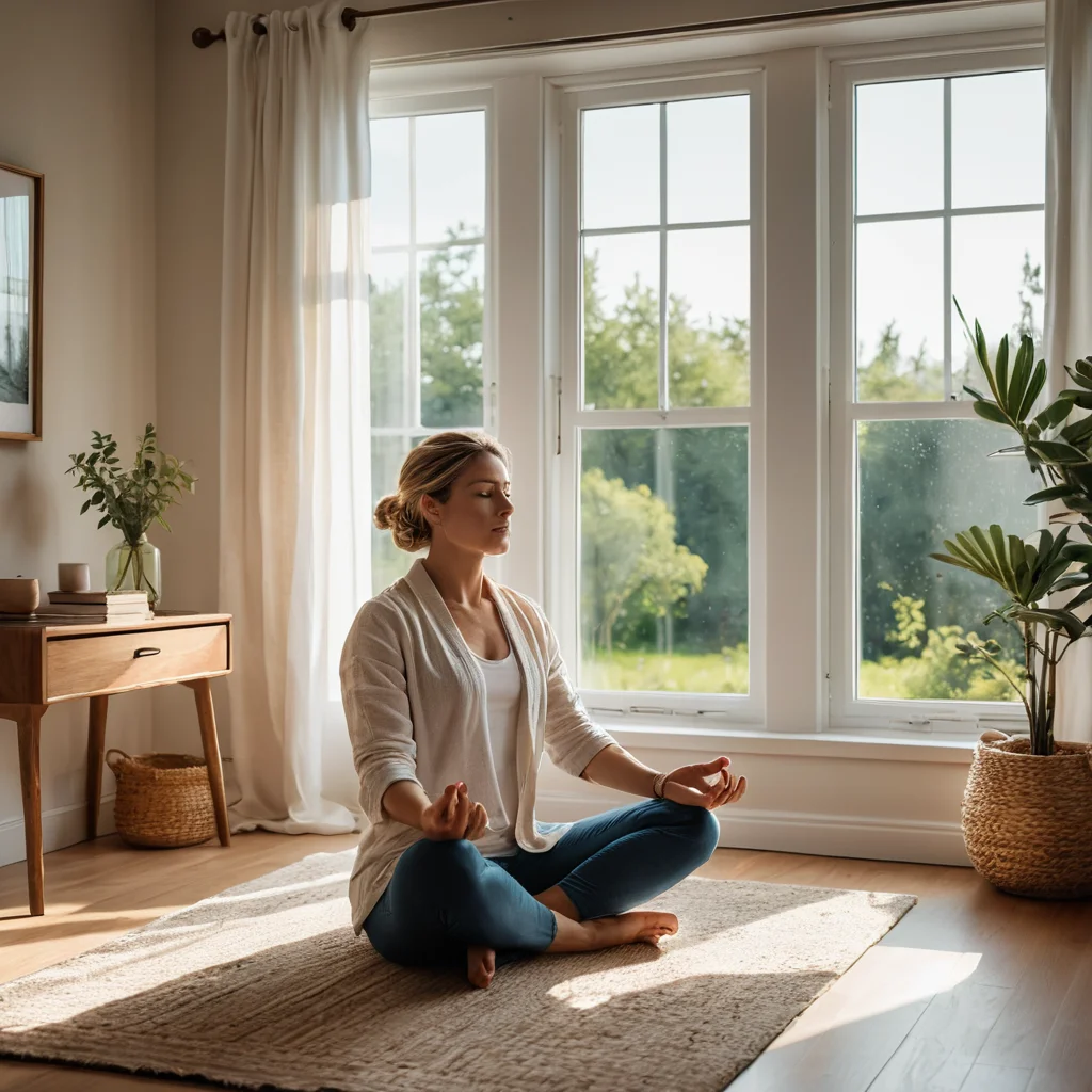 Залитый солнцем домашний офис, человек медитирует у окна, создавая ощущение спокойствия и силы, дом как источник гармонии и радости.