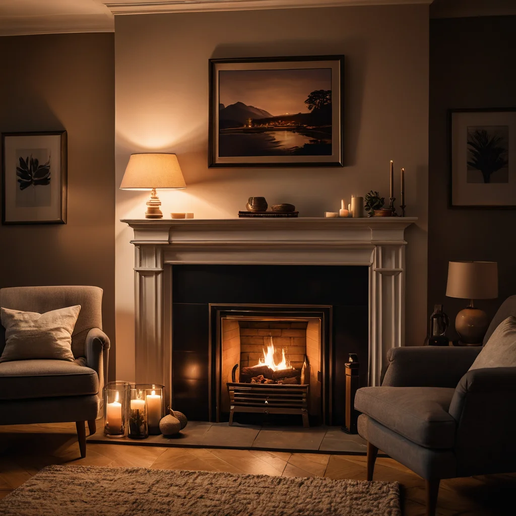 Комната в приглушенном свете, освещенная лампой и отблесками камина, создающая уютную вечернюю атмосферу с игрой теней, магия света в интерьере.
