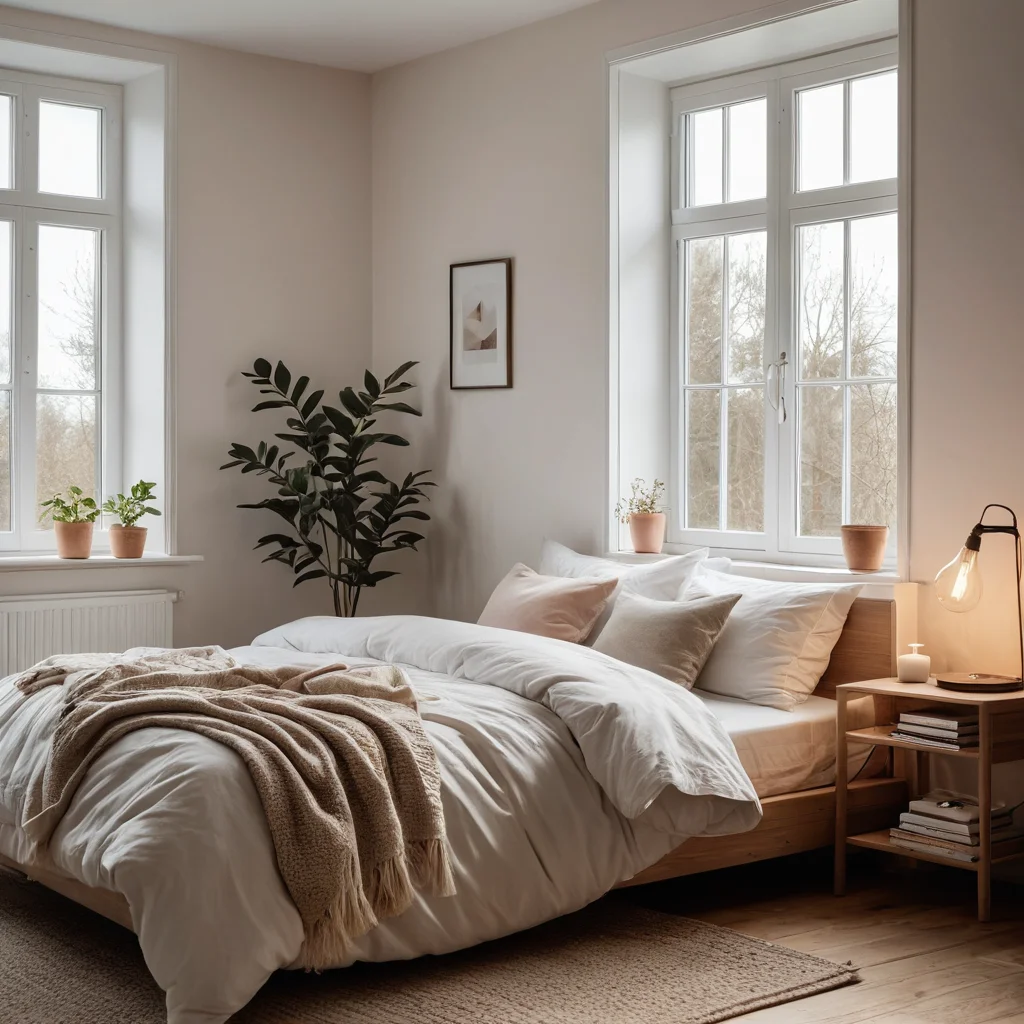 Спокойная спальня, залитая мягким естественным светом, с минималистичным декором, передающая ощущение покоя и приглашающая атмосфера дома.