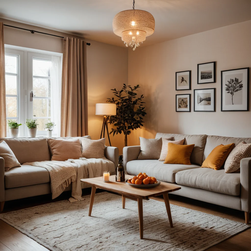 Уютная гостиная с мягким диваном и теплыми фотографиями на стене, создающая ощущение дома и эмоциональной привязанности, психология возвращения домой.