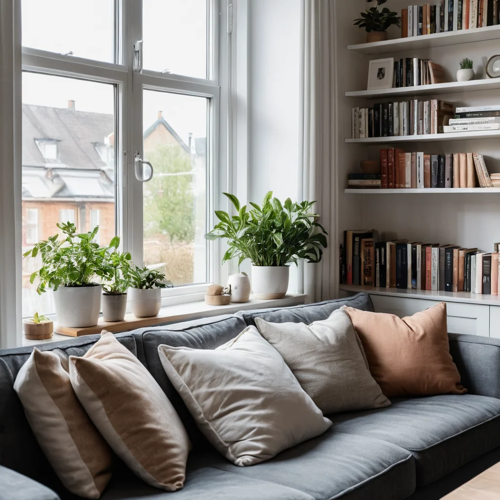 Человек аккуратно расставляет книги на полке и добавляет растения на подоконник, создавая уютную атмосферу, практичные приемы для дома.