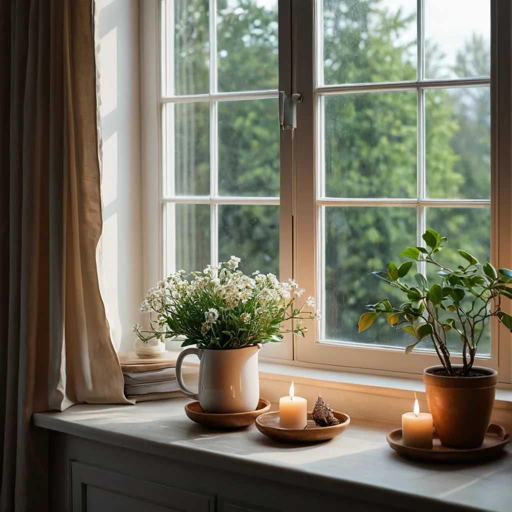 Мягкий рассеянный свет из окна, намек на аромат и легкие звуковые волны, передающие атмосферу гармонии и спокойствия в доме, невидимые элементы уюта.