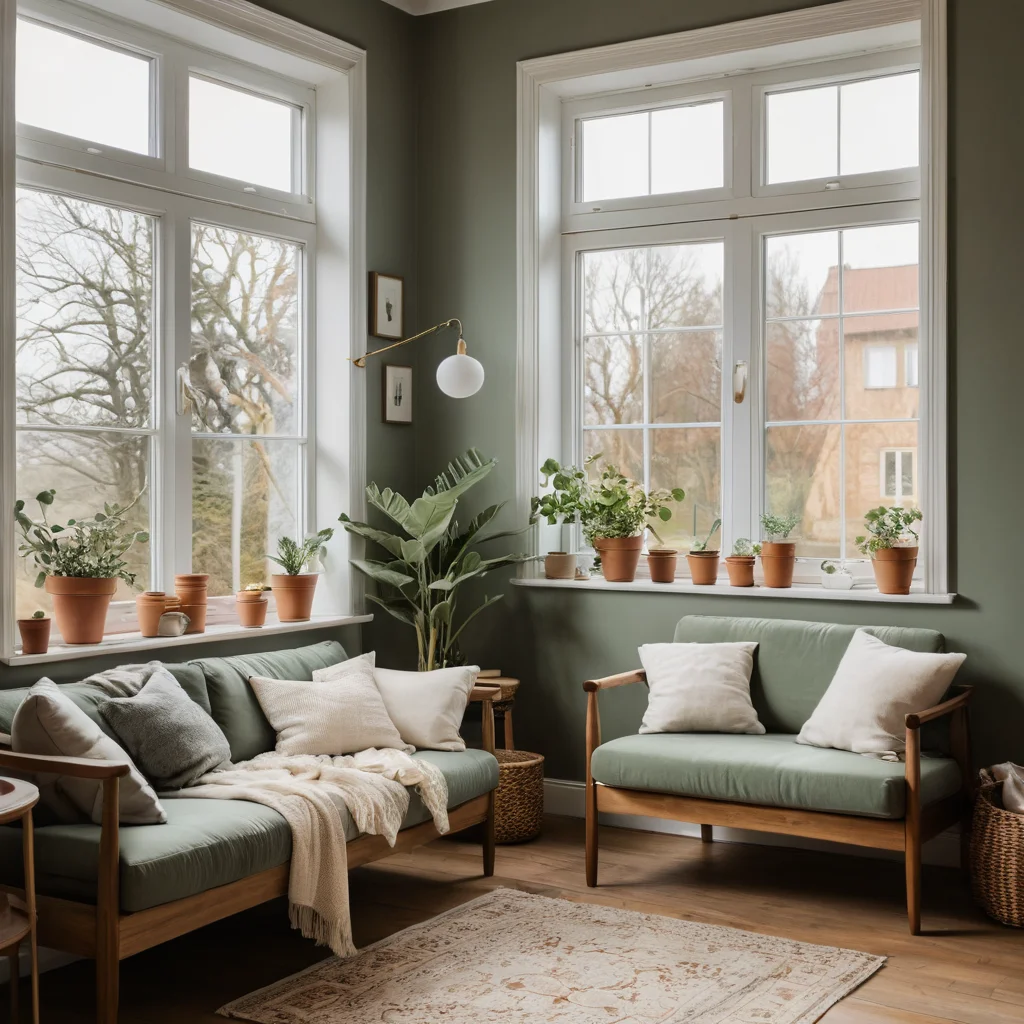 Цветовая палитра загородного дома: мягкие, приглушенные оттенки зеленого, коричневого и кремового, вдохновленные природой, создающие успокаивающую атмосферу.