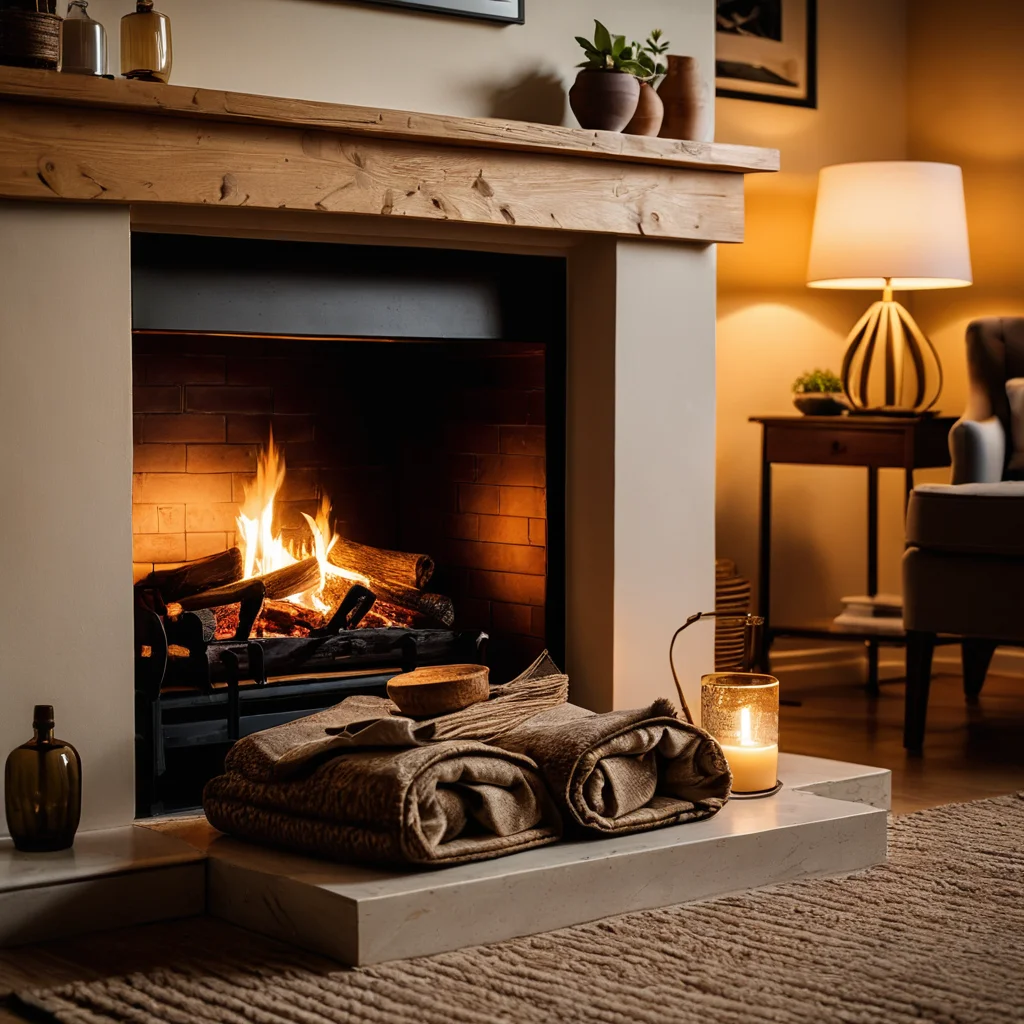 Игра света в интерьере: мягкое, теплое освещение, имитирующее золотой час и свет камина, создающее уютные сумерки и ощущение естественного света.