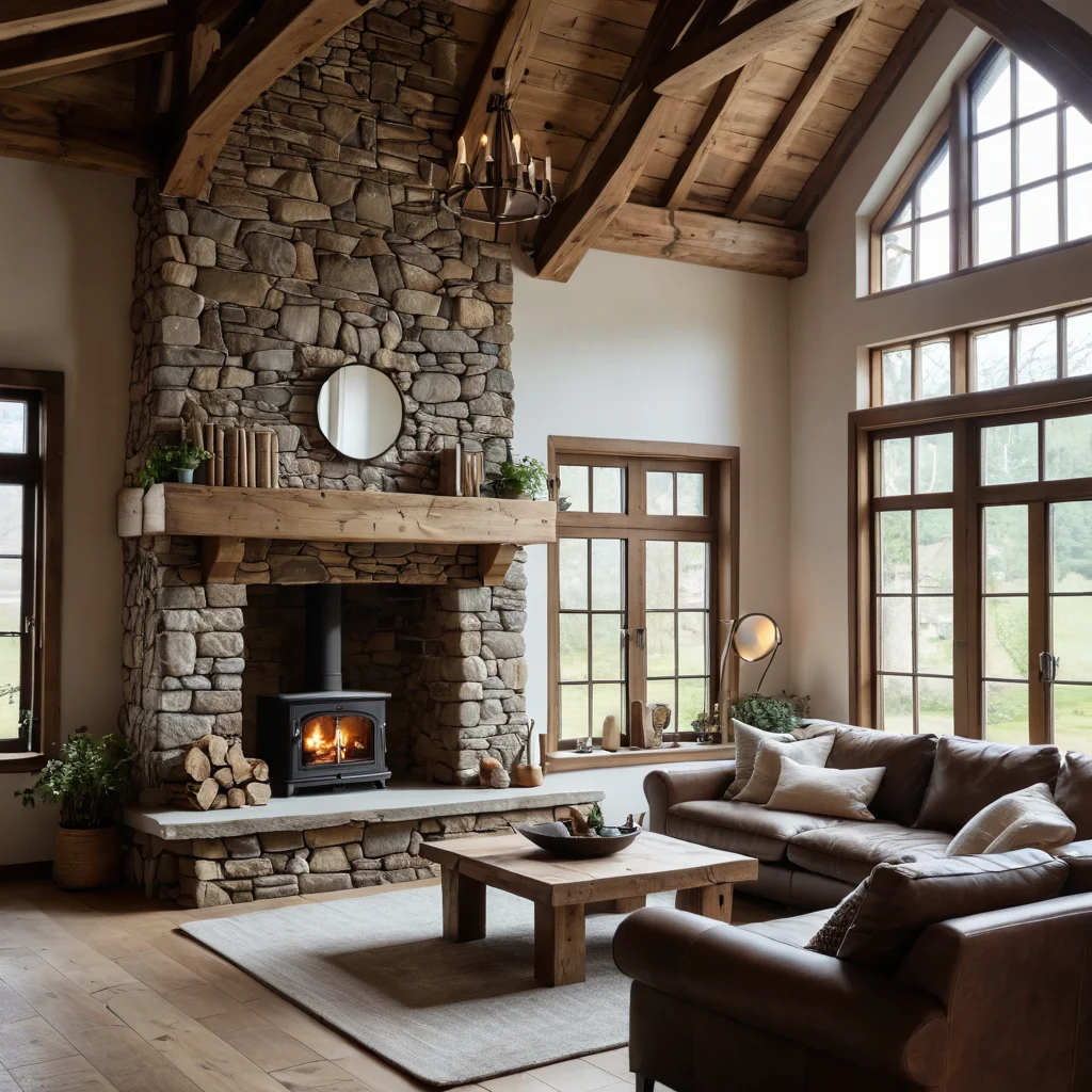 Элементы загородного дома в городской квартире: грубые деревянные балки, каменный камин, большое окно, создающие атмосферу деревенского духа в городских условиях.