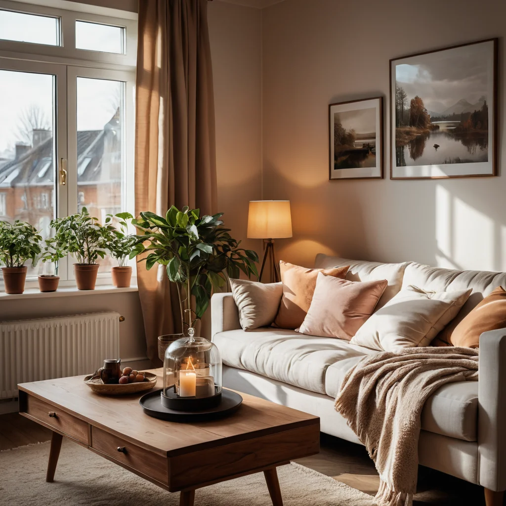 Уютная гостиная, залитая естественным светом, с теплыми тонами, передающая ощущение психологического комфорта и близости к природе, как способ сбежать от городской суеты.