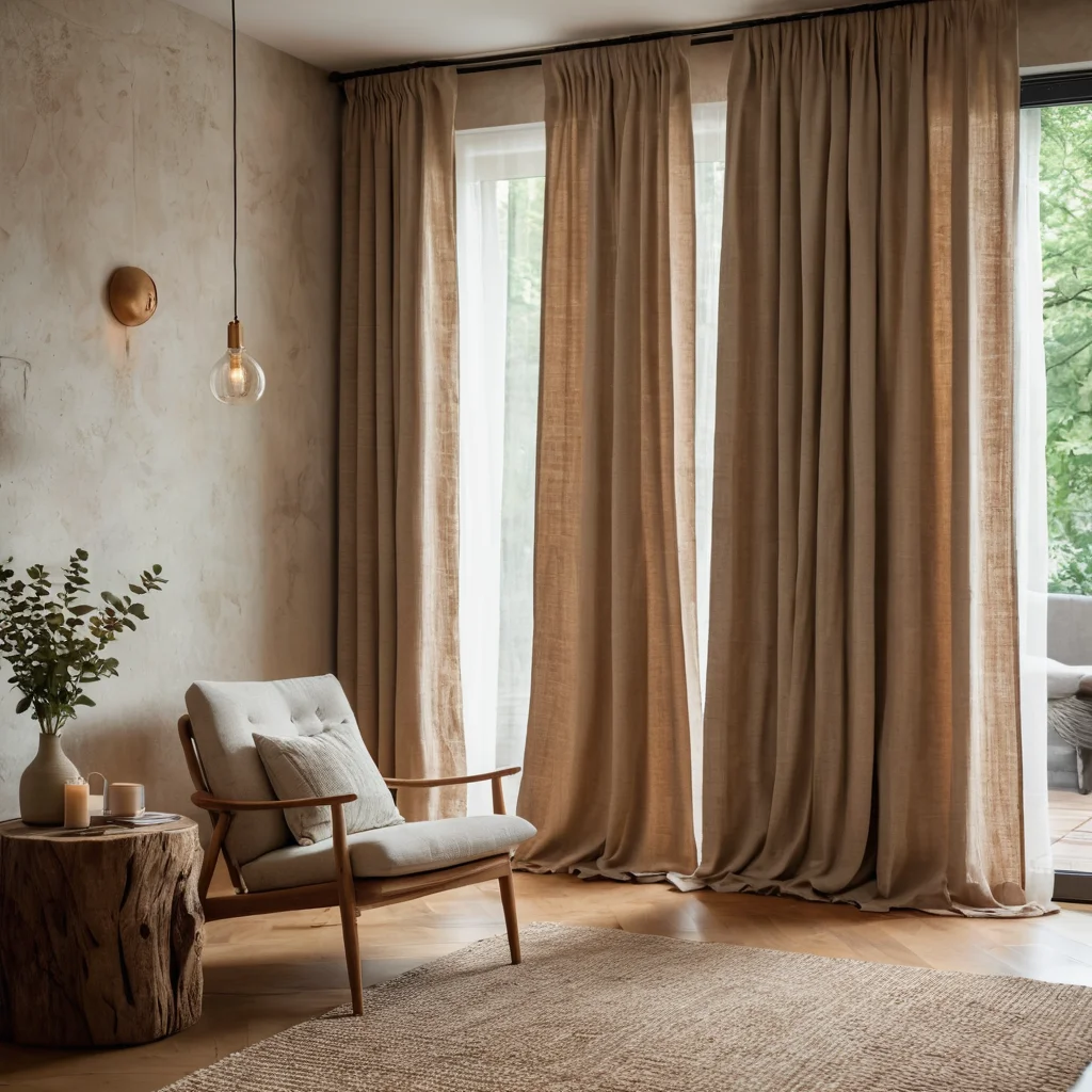 Природные материалы в интерьере: текстура натурального дерева, каменная акцентная стена, льняные занавески, создающие уют и естественность.
