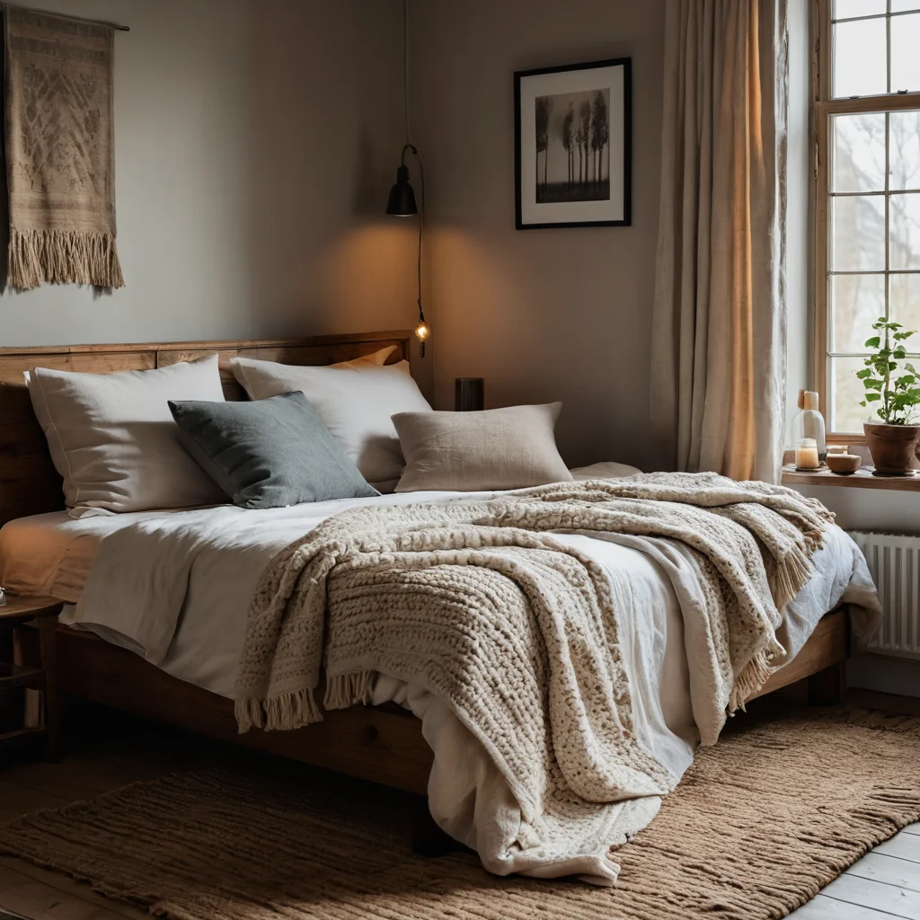 Тактильные ощущения в интерьере: мягкие пледы, шерстяные покрывала, льняные подушки с грубой текстурой, создающие деревенскую атмосферу и уют.