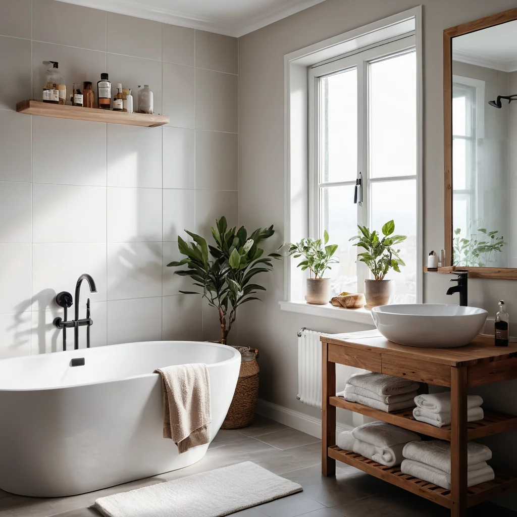 Женщина выполняет простые ритуалы пробуждения в ванной: легкая растяжка, умывание прохладной водой и нанесение уходовых средств для энергичного утра.