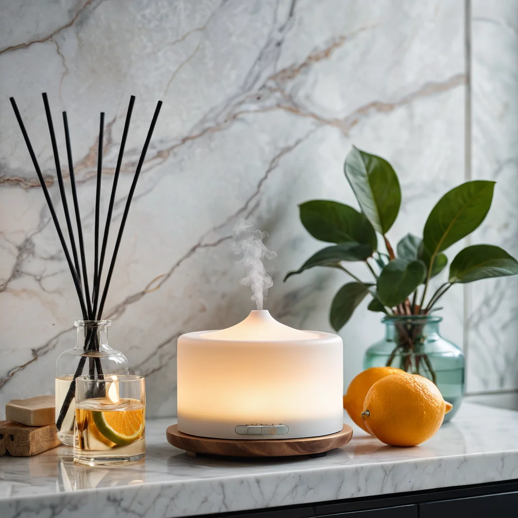 Ванная комната с диффузором, источающим аромат цитрусовых и мяты, с паром от эвкалипта, создавая бодрящую ароматическую атмосферу для утреннего ритуала.
