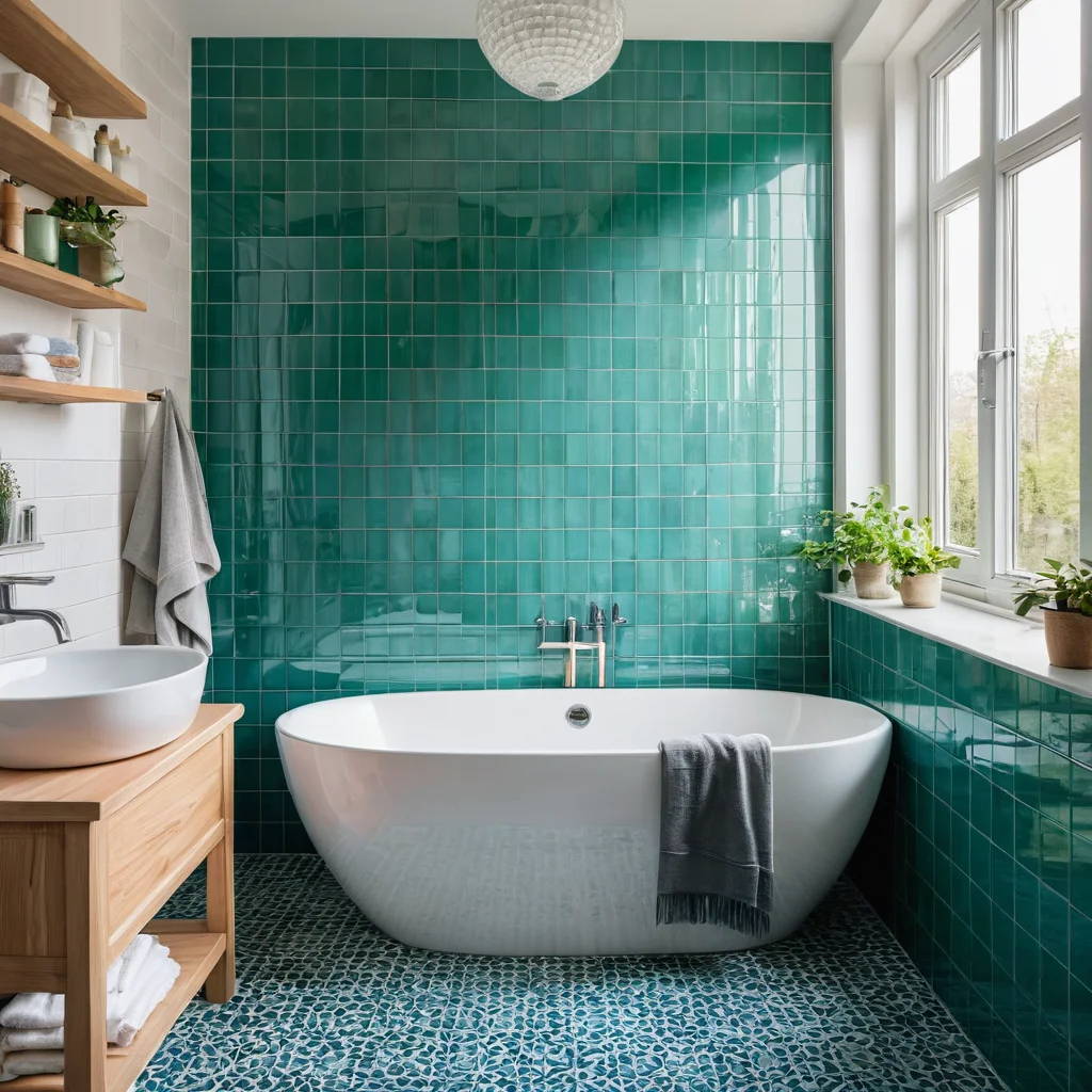 Современная ванная комната с акцентами освежающих оттенков зеленого и синего, белоснежным санфаянсом и естественным светом, способствующим приливу энергии.