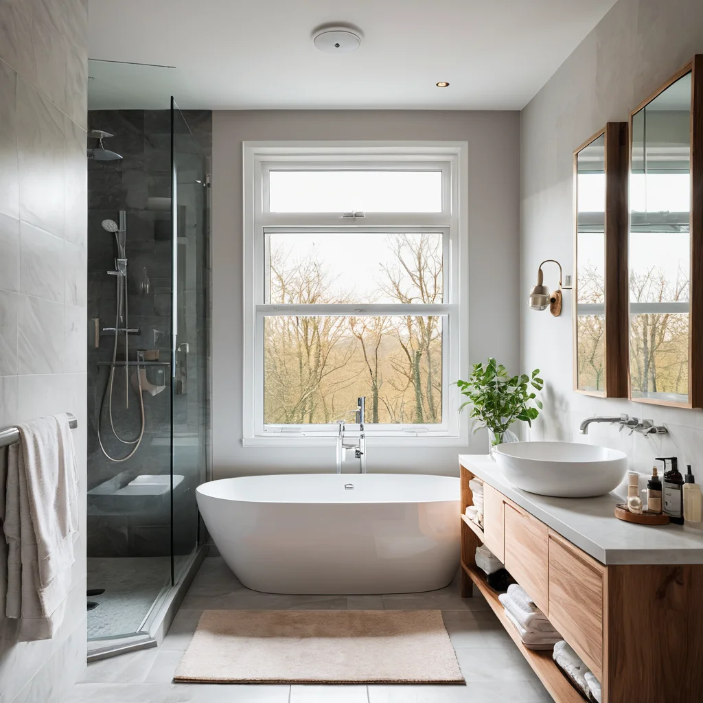 Яркий естественный солнечный свет, проникающий в современную ванную комнату, дополненный мягким искусственным освещением, активируя энергию для бодрого утра.