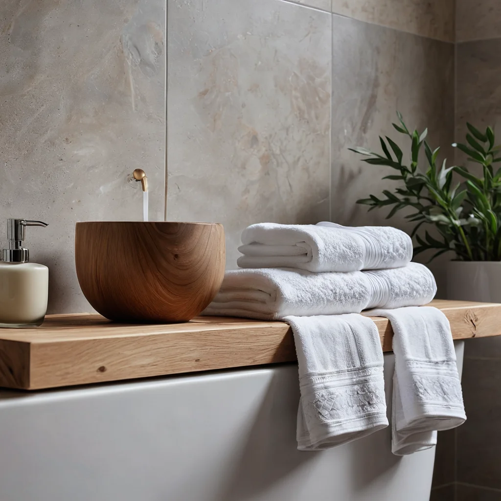 Интерьер ванной комнаты, демонстрирующий контраст тактильно приятных материалов: гладкий натуральный камень, фактурное дерево и мягкие хлопковые полотенца для ощущений бодрости.