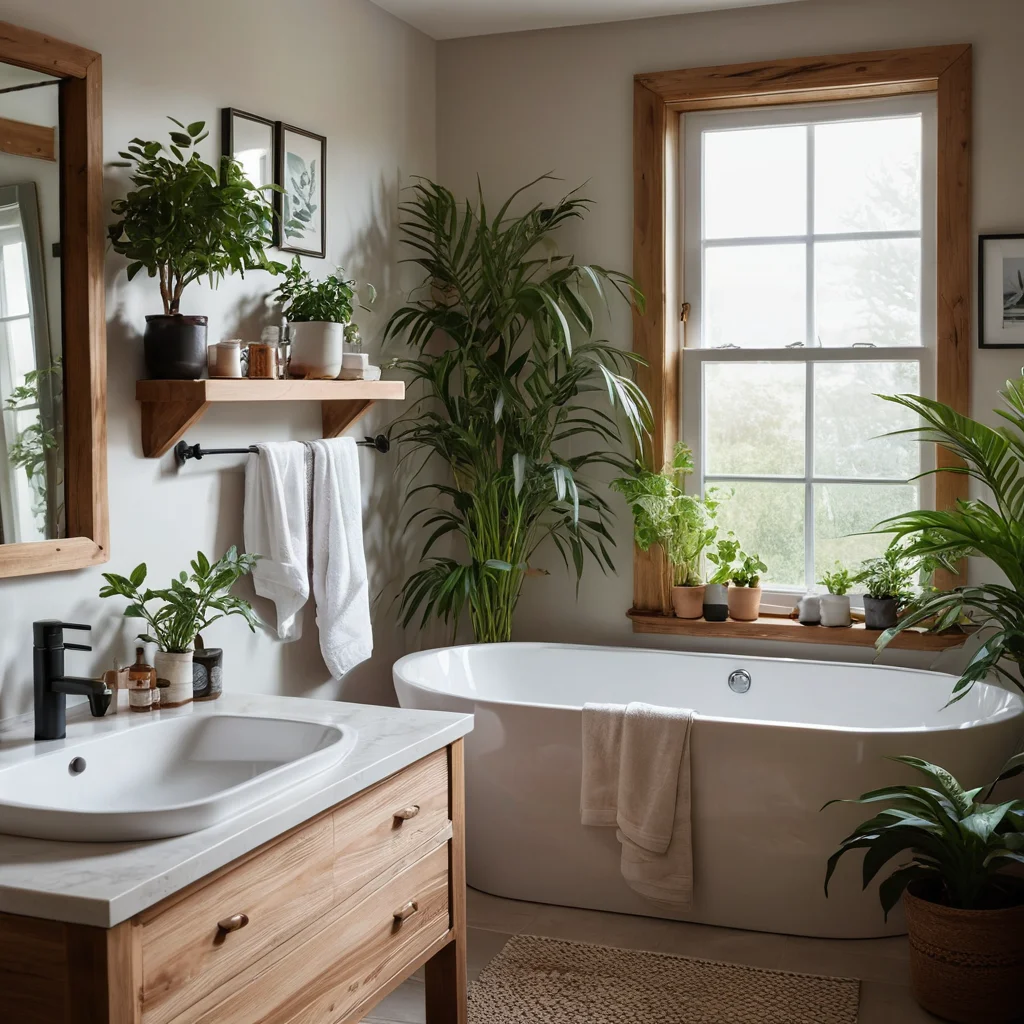 Ванная комната, трансформированная в личный источник силы и энергии, с живыми растениями, естественными элементами и мотивационным искусством для подготовки к дню.