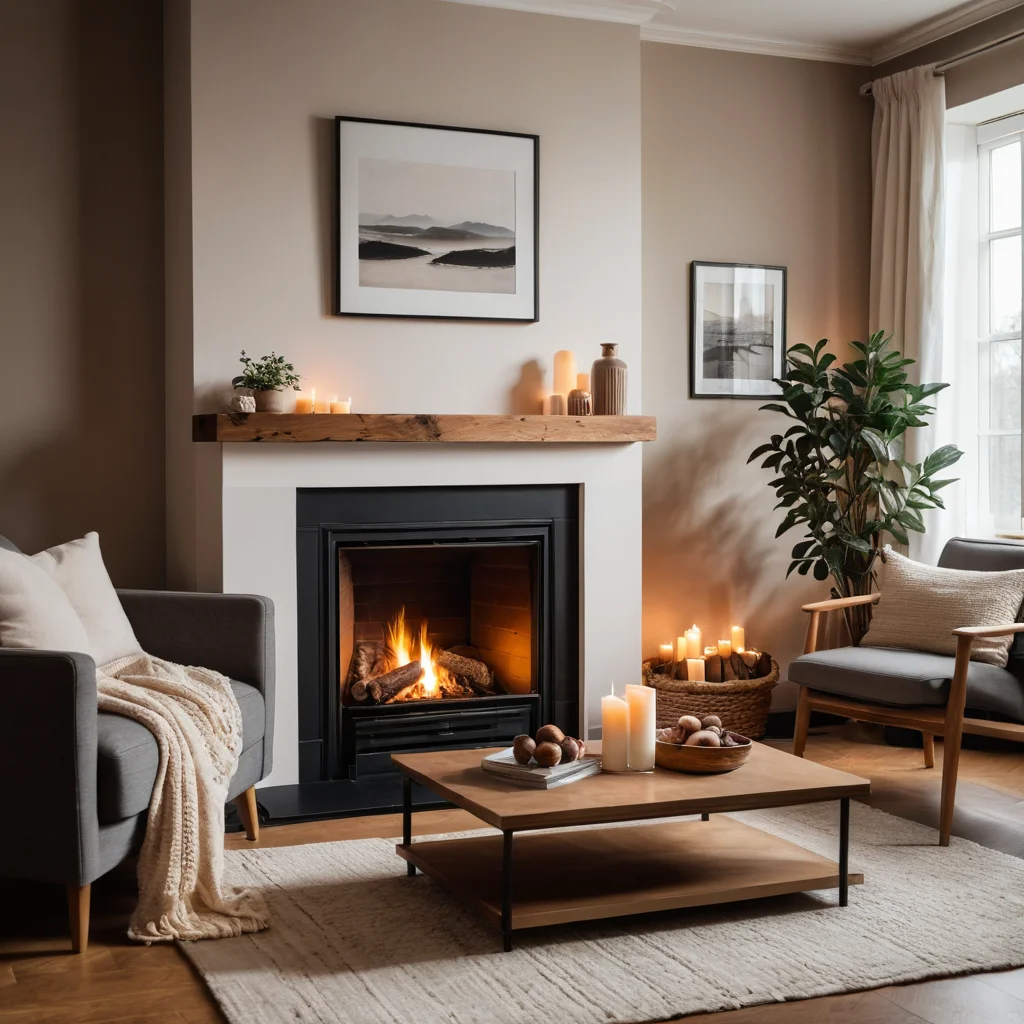 Уютная гостиная с камином как фокусной точкой, создающая теплую и гостеприимную атмосферу, фотореалистичное изображение.