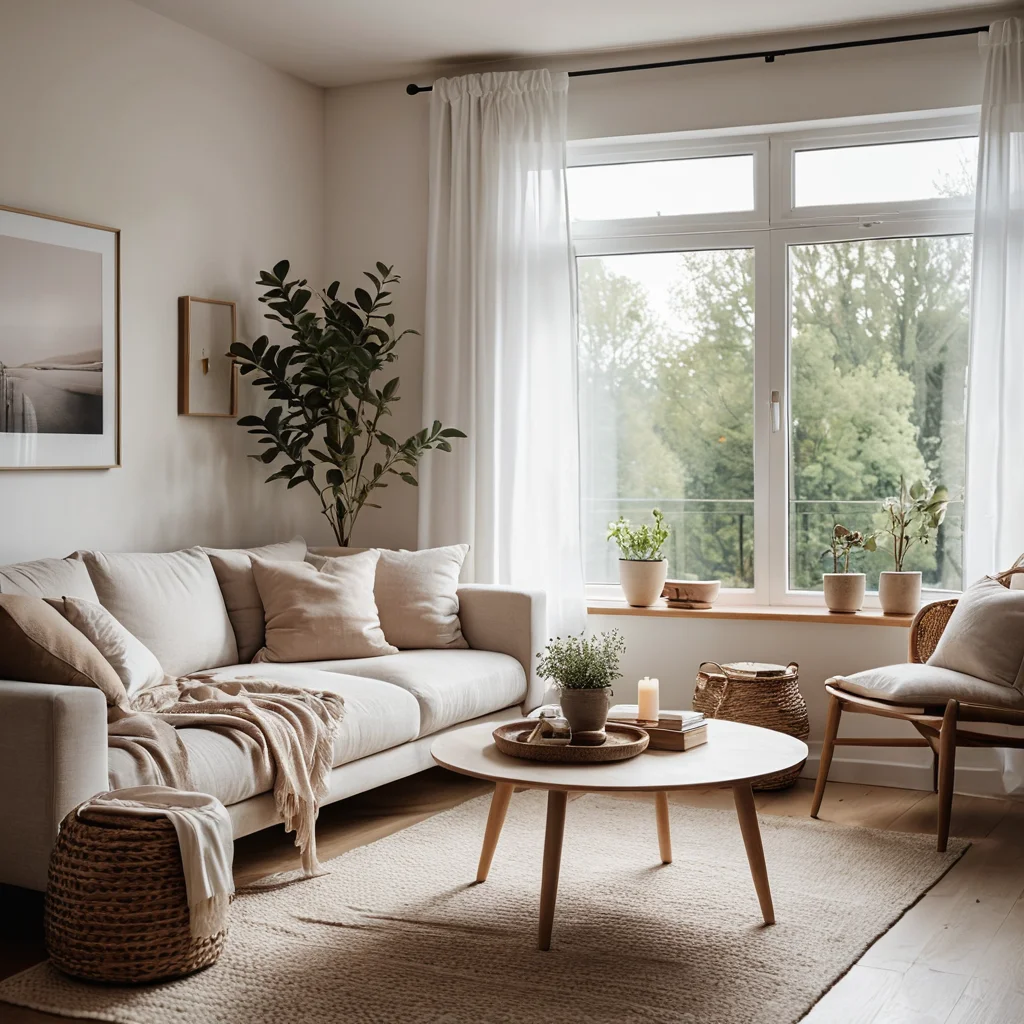 Минималистичная гостиная с сбалансированной фокусной точкой, создающей гармоничный и спокойный интерьер с чистыми линиями, фотореалистично.