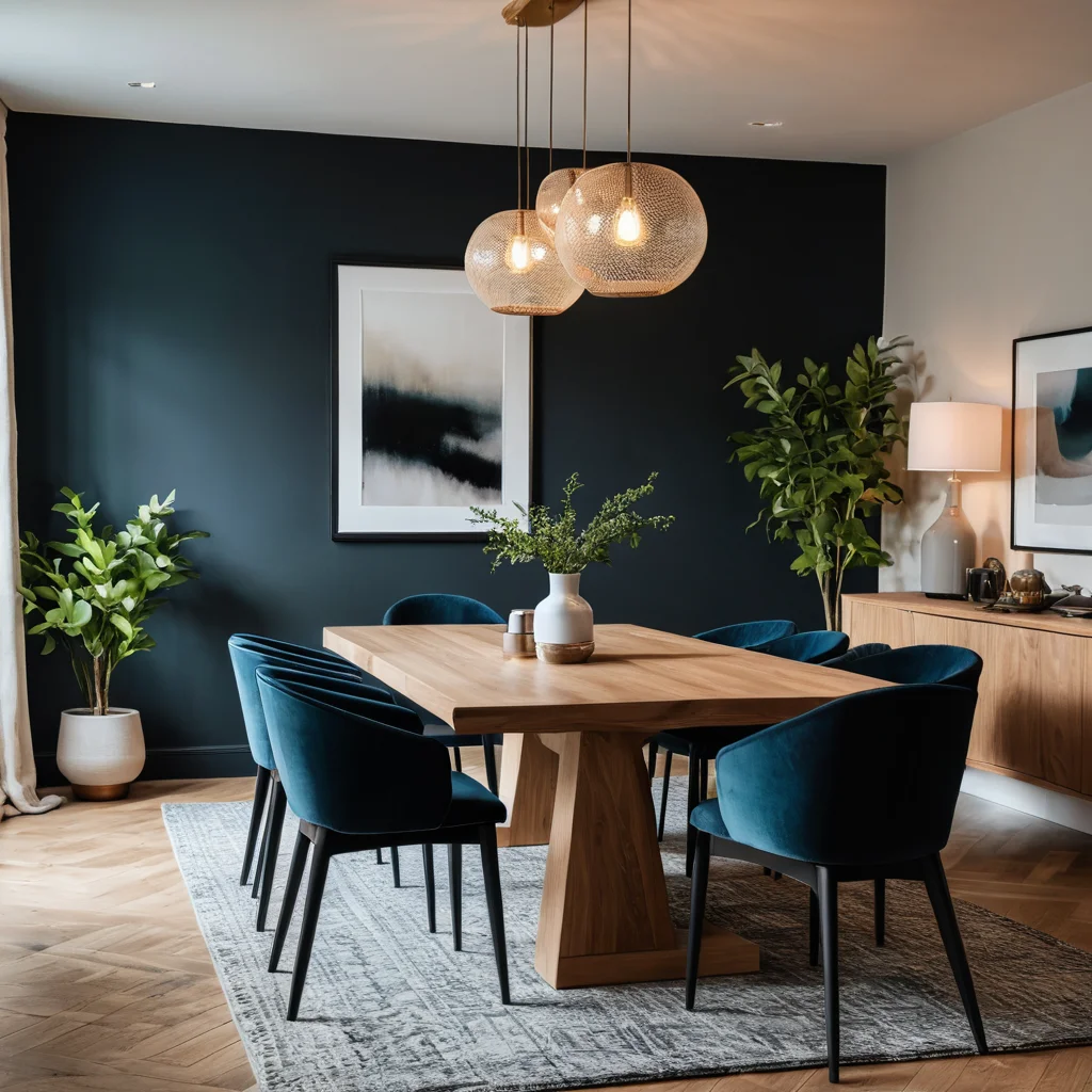 Современная столовая с акцентной стеной в смелом цвете, создающей контраст и привлекая внимание к предметам мебели, фотореалистично.