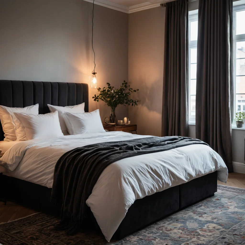 Спальня с драматическим освещением, акцентирующим внимание на кровати и архитектурных деталях, создавая загадочную атмосферу, фотореалистично.