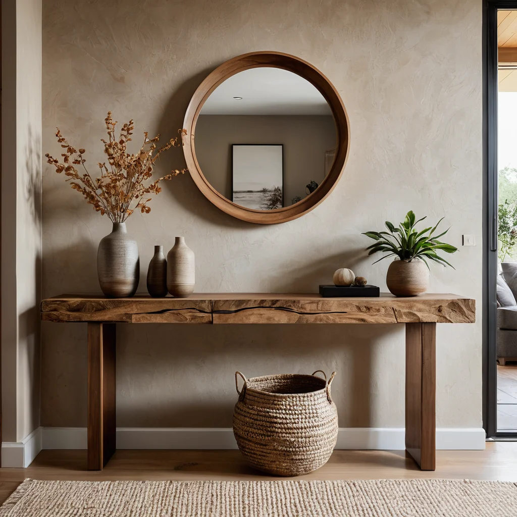 Прихожая с фактурной стеной и скульптурным консольным столиком из натуральных материалов, создающими глубину и задающими настроение, фотореалистично.