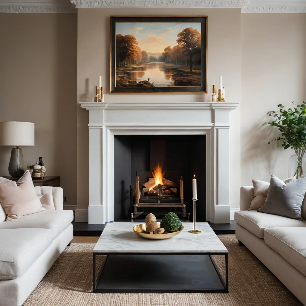 Гостиная с доминирующим камином и крупным произведением искусства как визуальными якорями, элегантный интерьер, фотореалистично.