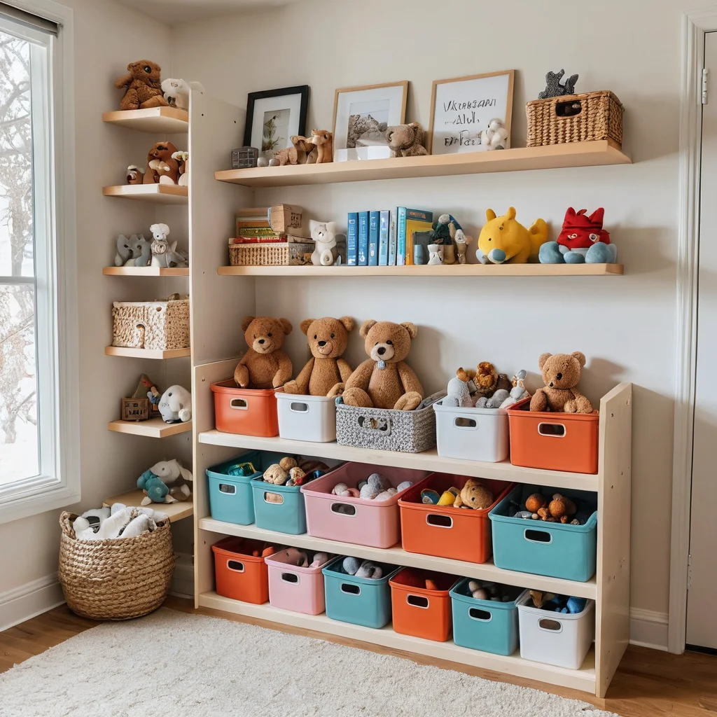 Фотореалистичное изображение организованного хранения игрушек в детской комнате: разноцветные контейнеры, открытые полки и ящики с этикетками. Все аккуратно расставлено, но легко доступно, создавая чистое и функциональное пространство, где игра не прекращается.