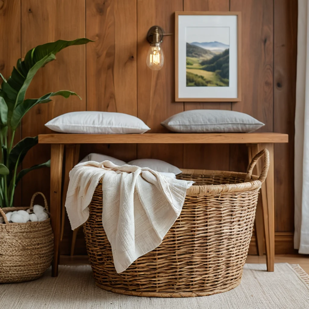 Фотореалистичный крупный план текстур в детской комнате: натуральное дерево, мягкая плюшевая ткань, плетеная корзина, гладкие окрашенные поверхности и шероховатая текстура бумаги. Цветовая гамма землистая, с акцентом на тактильные ощущения и высокую детализацию.