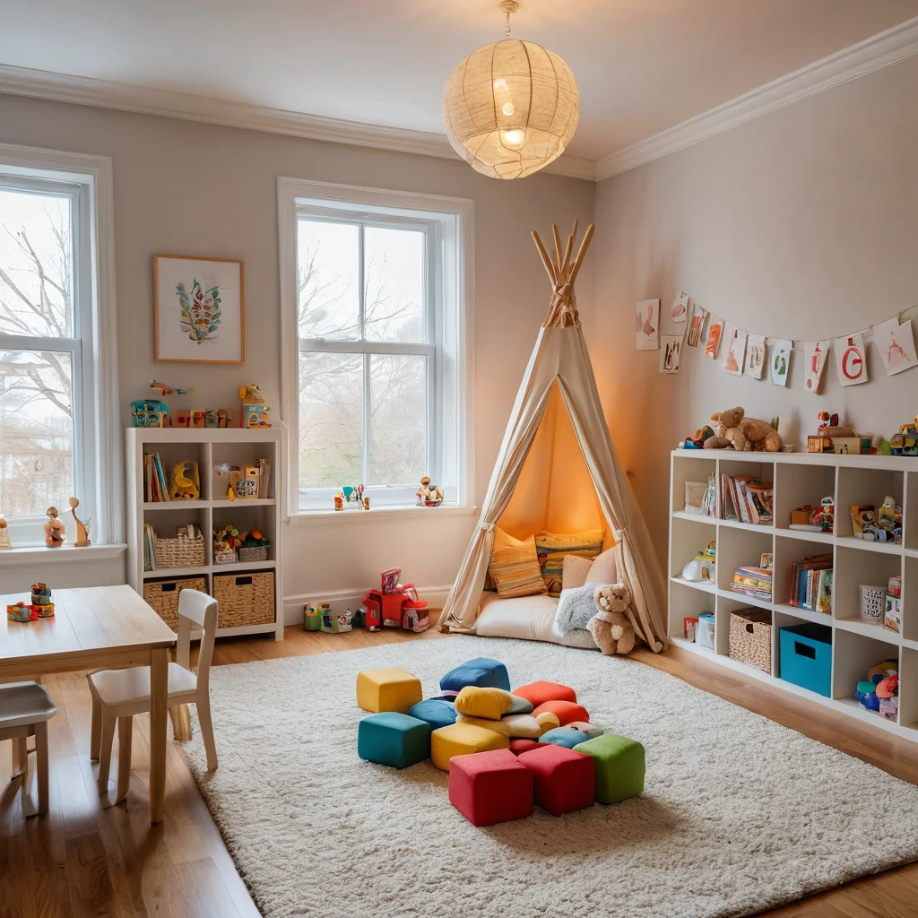 Фотореалистичное изображение детской комнаты, наполненной яркими цветами, разбросанными игрушками, кубиками для строительства и художественными принадлежностями. Атмосфера передает энергию и радость игры, с естественным освещением, падающим на счастливого ребенка. Снимок сделан широкоугольным объективом.