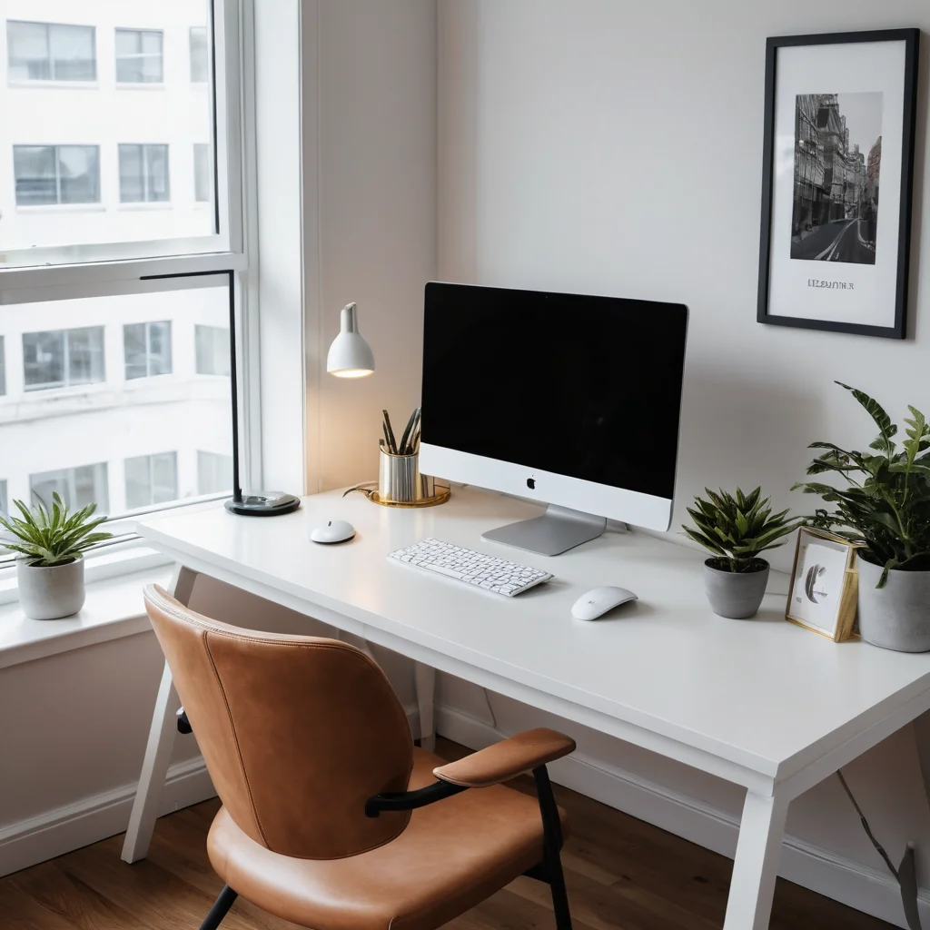 Современный кабинет с минималистичным дизайном, организованным рабочим местом и обилием естественного света, способствующий стимулированию мышления и генерации идей.