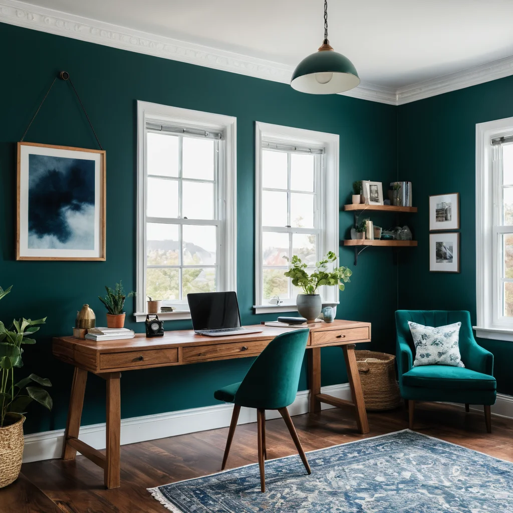 Интерьер домашнего кабинета, демонстрирующий цветовую палитру для ума: сочетание глубокого синего, изумрудно-зеленого и теплых древесных оттенков для пробуждения креативности и концентрации.