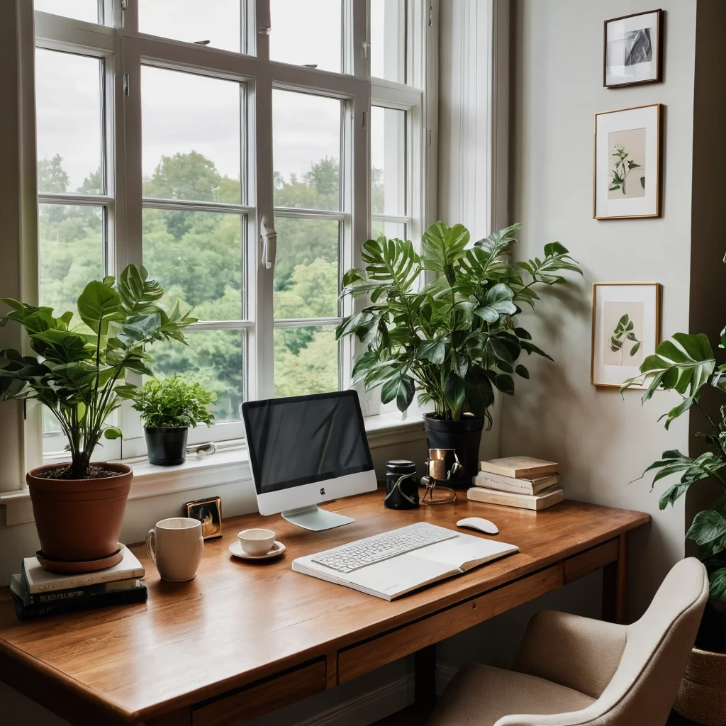 Рабочий стол в кабинете, украшенный изысканными арт-объектами, тщательно подобранными книгами и живым растением, создающими атмосферу интеллектуальности и индивидуальности.