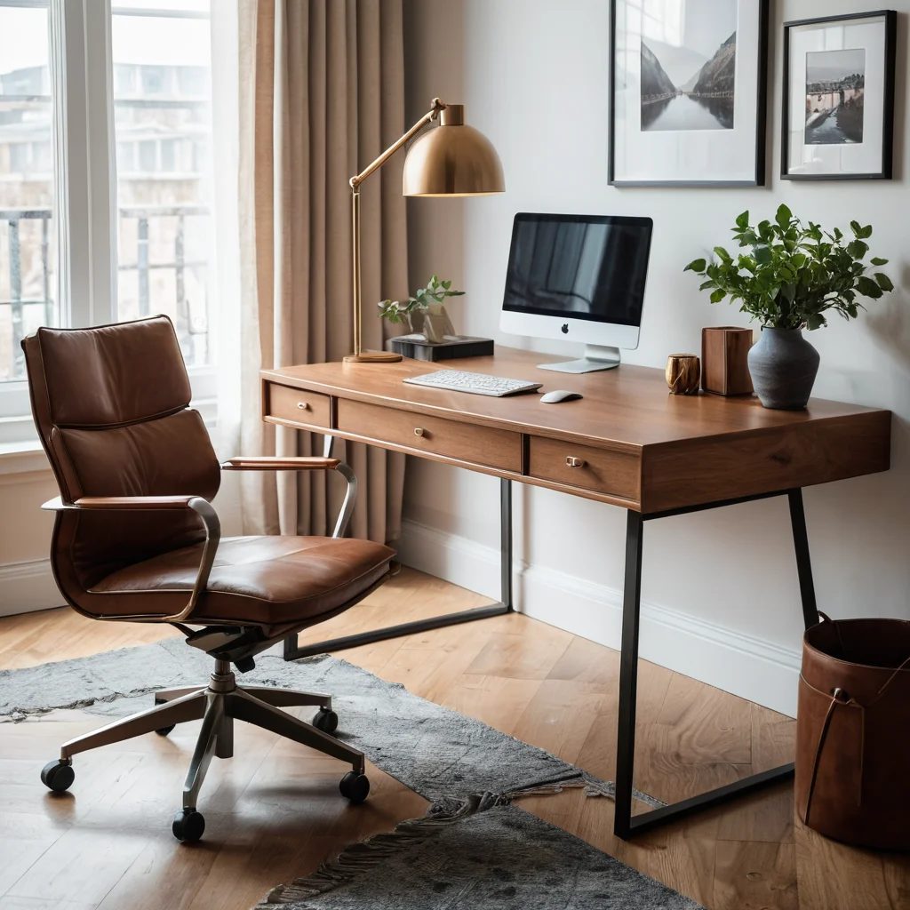 Элегантный рабочий стол в кабинете, сочетающий натуральное дерево, полированный металл и кожаные акценты, создающий вдохновляющую атмосферу с помощью тактильных материалов и текстур.