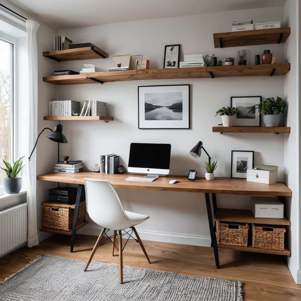 Минималистичный домашний кабинет с эргономичным дизайном, чистым рабочим пространством и организованными полками, способствующий ясности мысли и эффективному рабочему процессу.