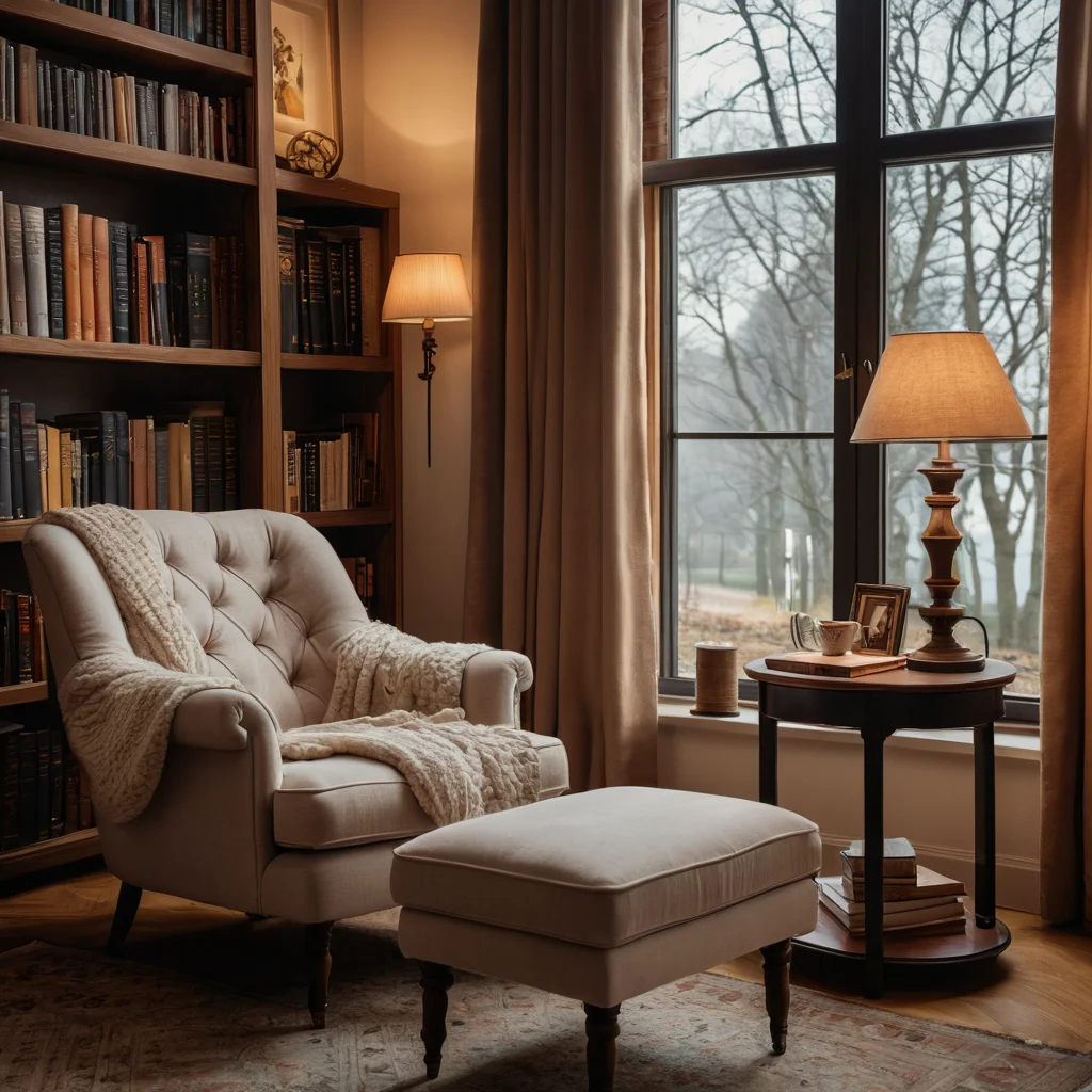 Уютный кабинет, создающий атмосферу для глубоких размышлений, с удобным креслом, книжными полками и теплым освещением, подчеркивающий психологию интеллектуальной атмосферы.